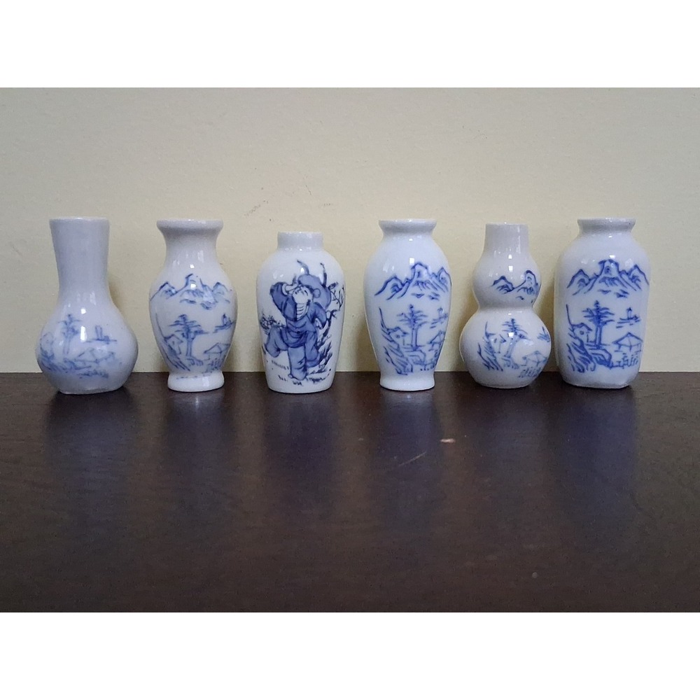 6 Vintage Chinese Porcelain Dollhouse Mini Vases Blue White Hand Painted